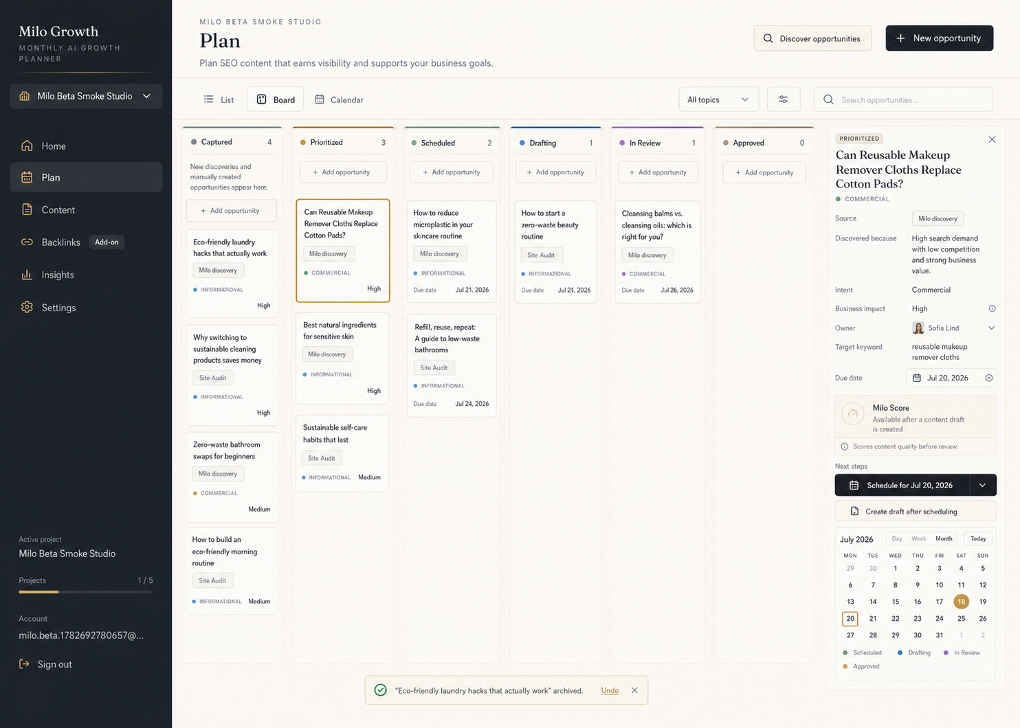 Milo Growth Plan workspace showing traceable SEO opportunities on a lifecycle board